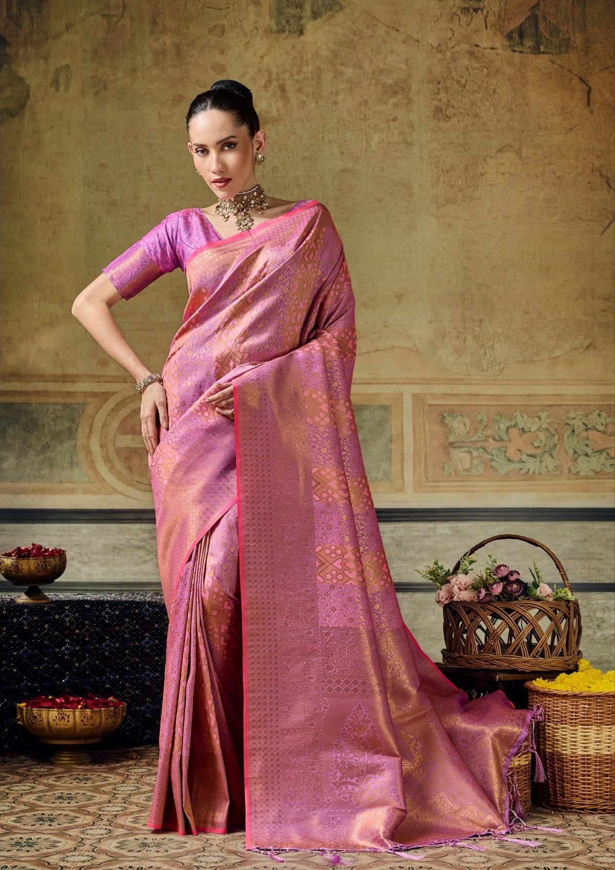 Mauve Pink Kanjivaram Silk Ready To Wear/Easy Saree by Stylebypanaash