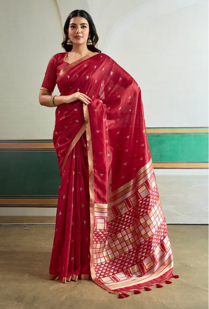 Red Tussar Silk Readymade/Easy Saree