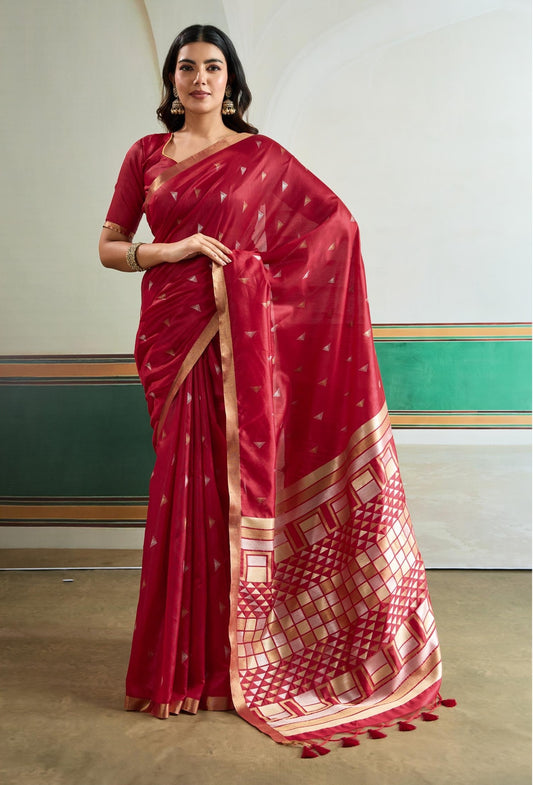 Red Tussar Silk Readymade/Easy Saree