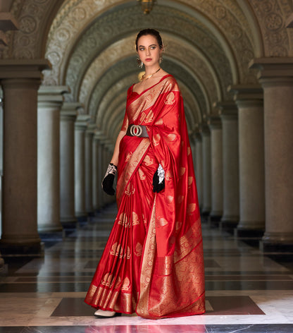 Red Color Satin Silk Readymade/Easy Saree