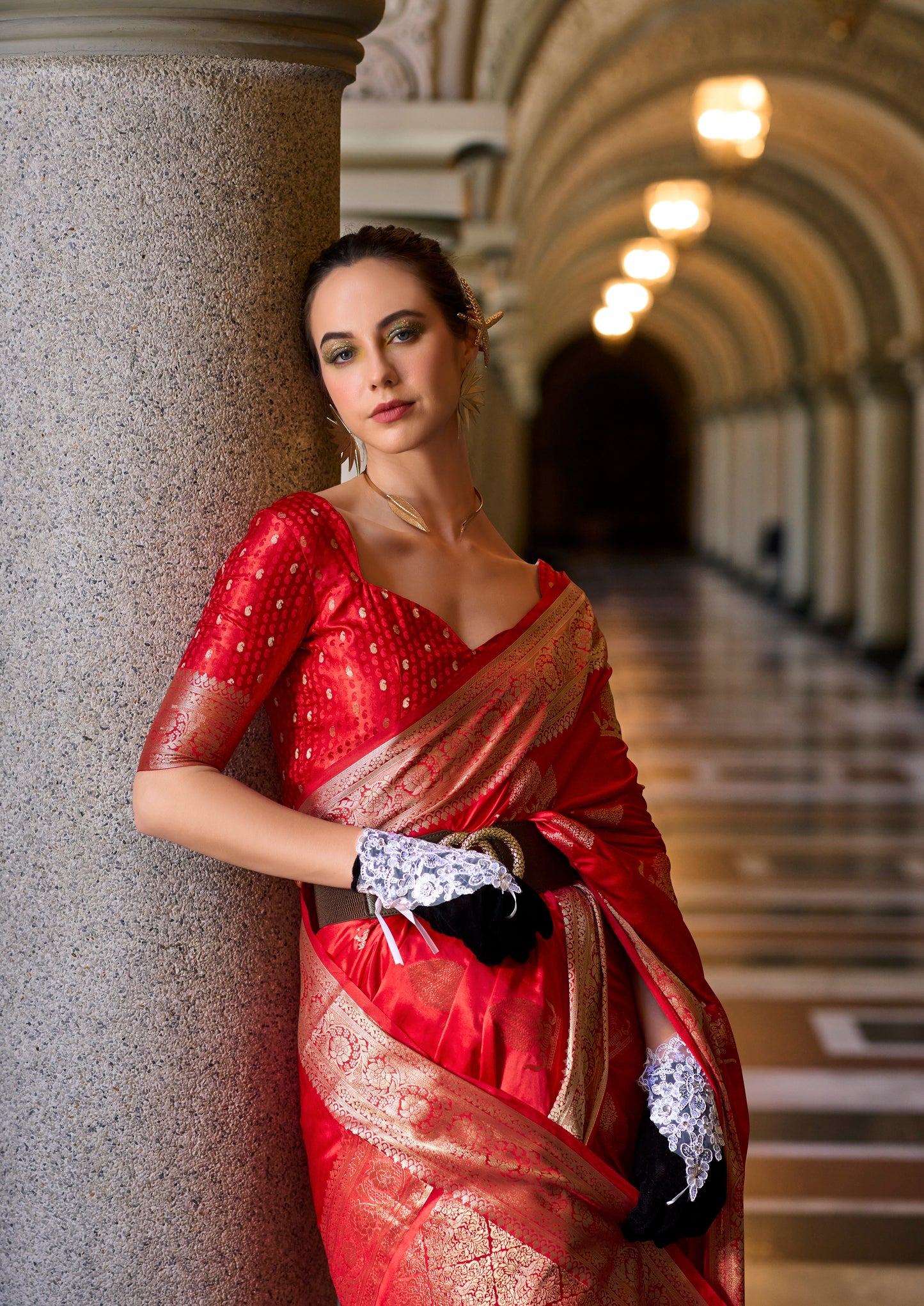 Red Satin Silk Readymade/Easy Saree - Panaash Saree