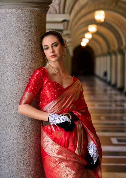 Red Satin Silk Readymade/Easy Saree - Panaash Saree