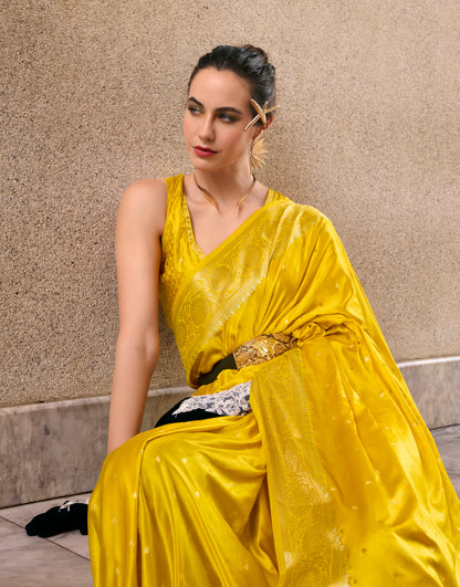 Yellow Color Satin Silk Readymade/Easy Saree