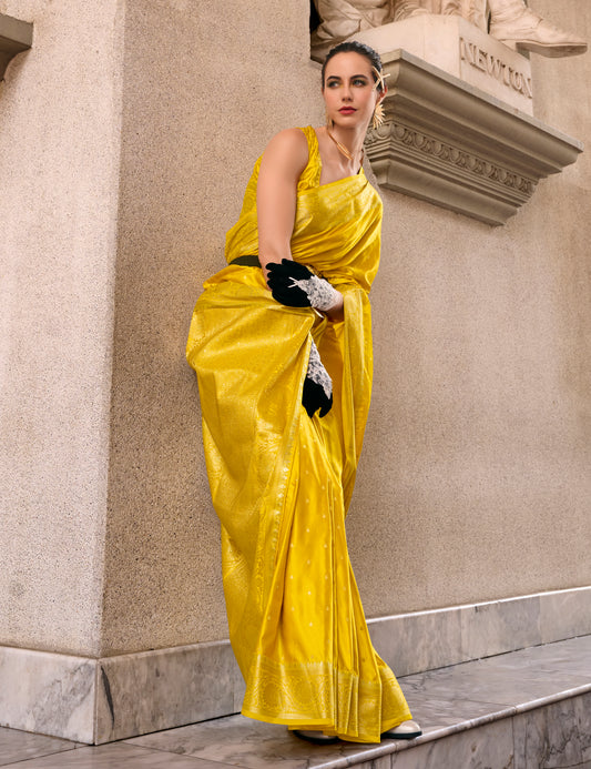 Yellow Color Satin Silk Readymade/Easy Saree