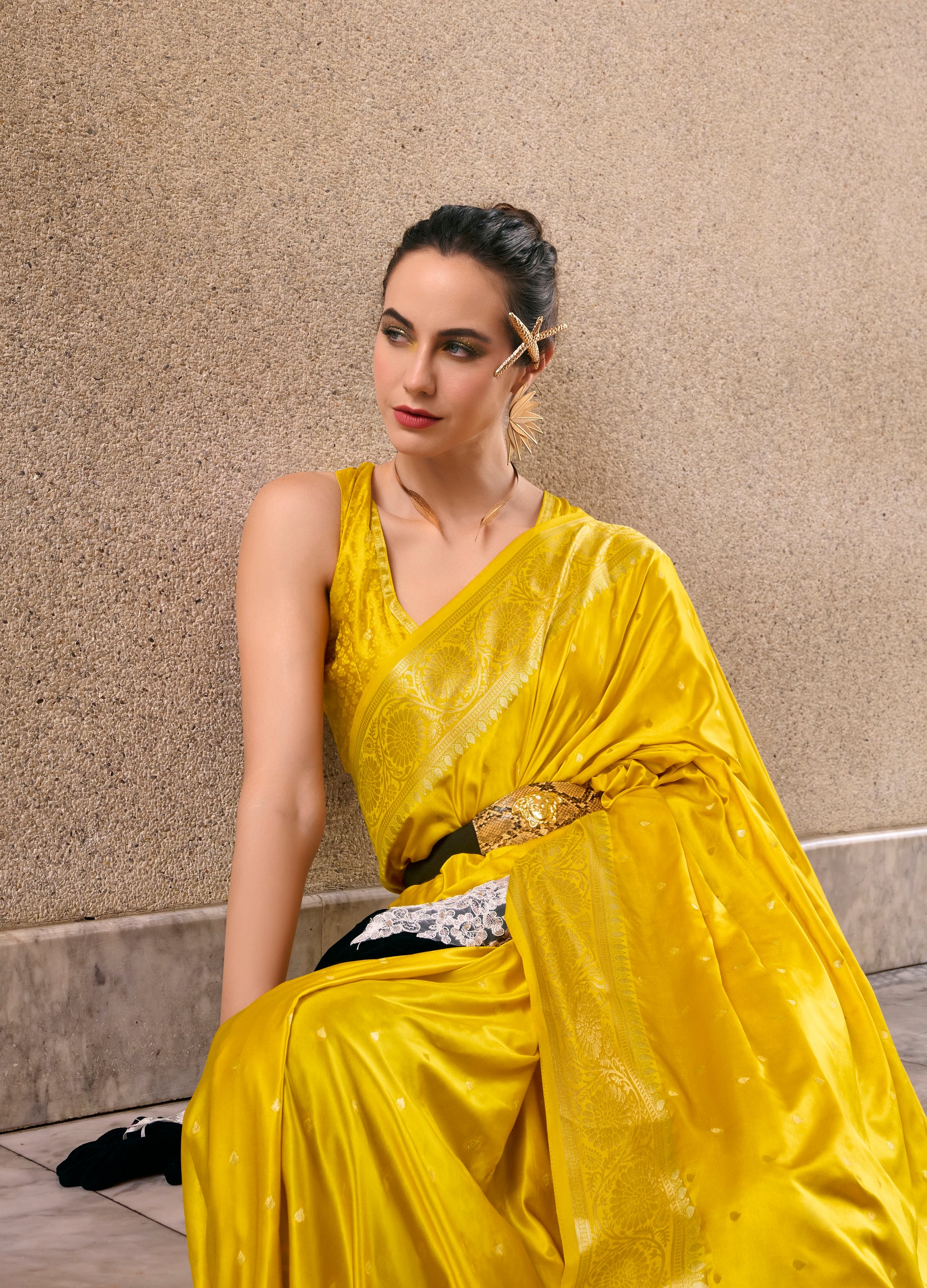 Yellow Satin Silk Readymade/Easy Saree - Panaash Saree