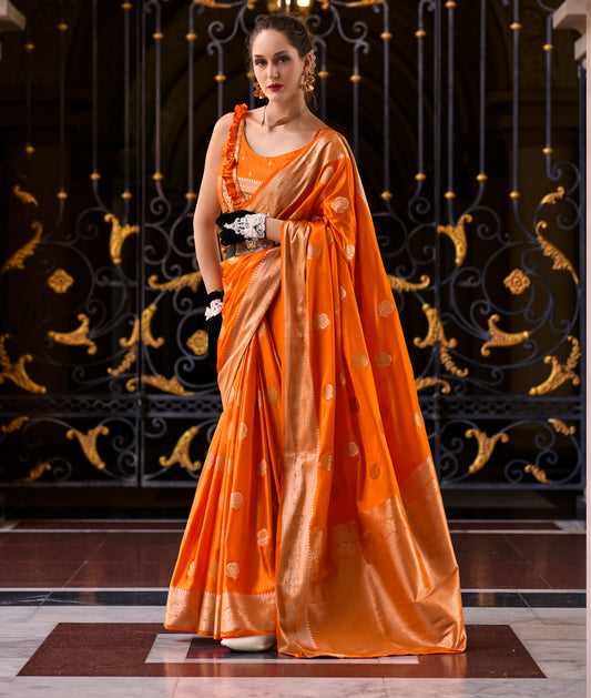 Orange Color Satin Silk Readymade/Easy Saree