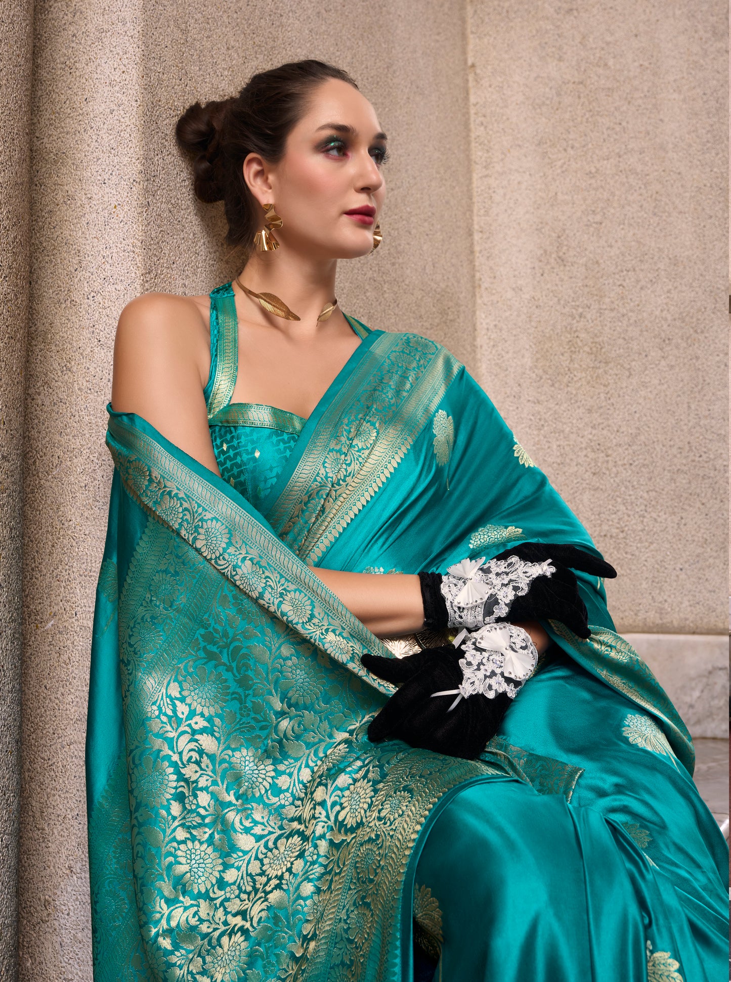 Turquoise Color Satin Silk Readymade/Easy Saree