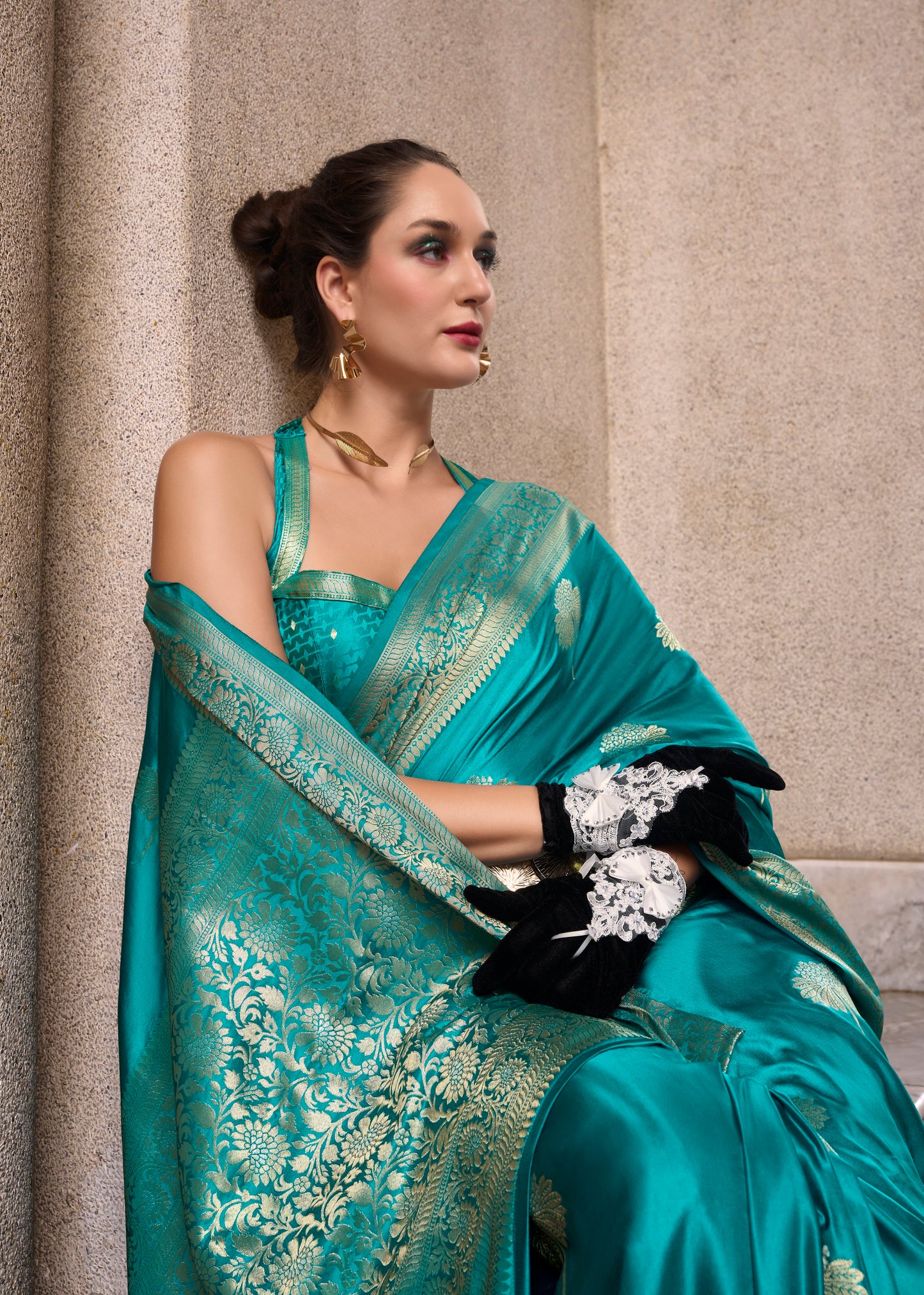 Teal Green Satin Silk Readymade/Easy Saree - Panaash Saree