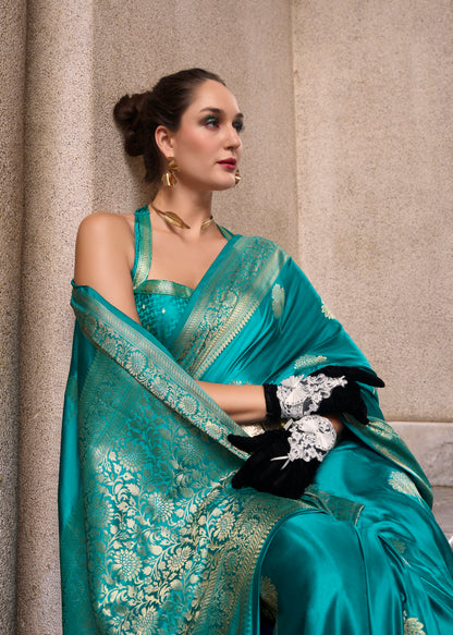 Teal Green Satin Silk Readymade/Easy Saree - Panaash Saree
