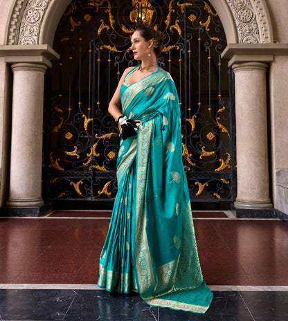 Turquoise Color Satin Silk Readymade/Easy Saree