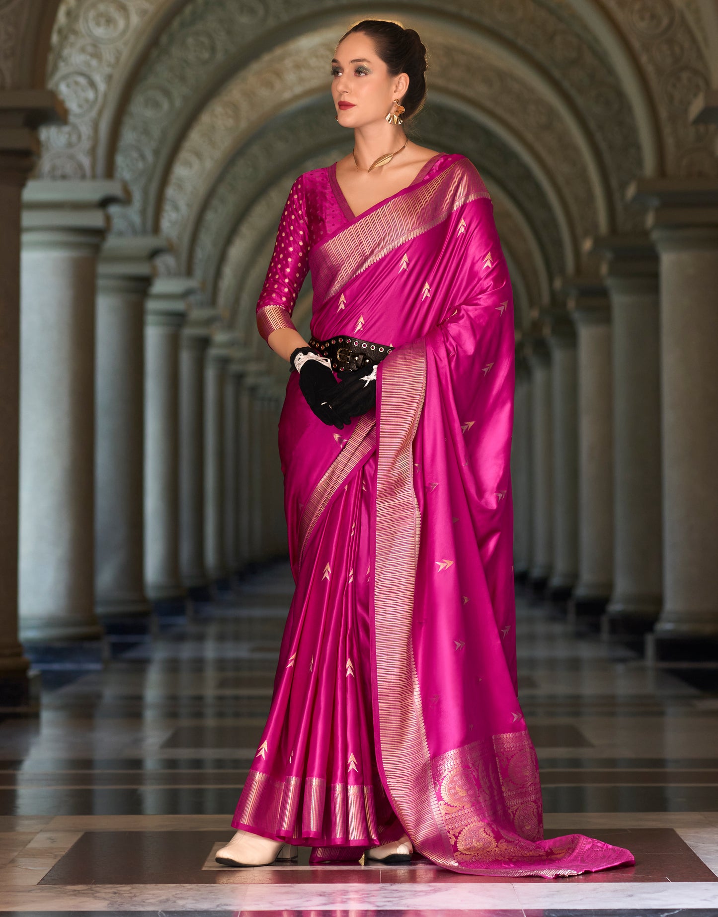 Pink Color Satin Silk Readymade/Easy Saree