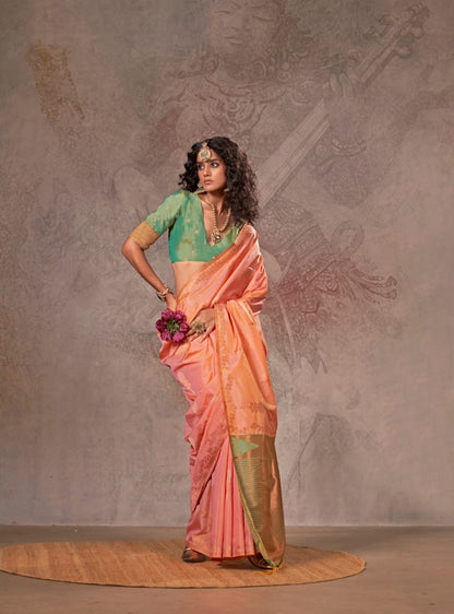 Coral Peach Kanjivaram Silk Readymade/Easy Saree - Panaash Saree