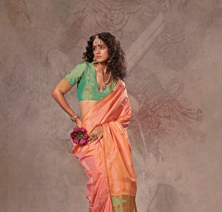 Coral Peach Kanjivaram Silk Readymade/Easy Saree - Panaash Saree