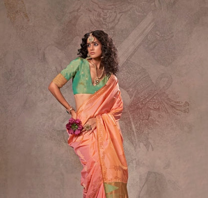 Coral Peach Kanjivaram Silk Readymade/Easy Saree - Panaash Saree