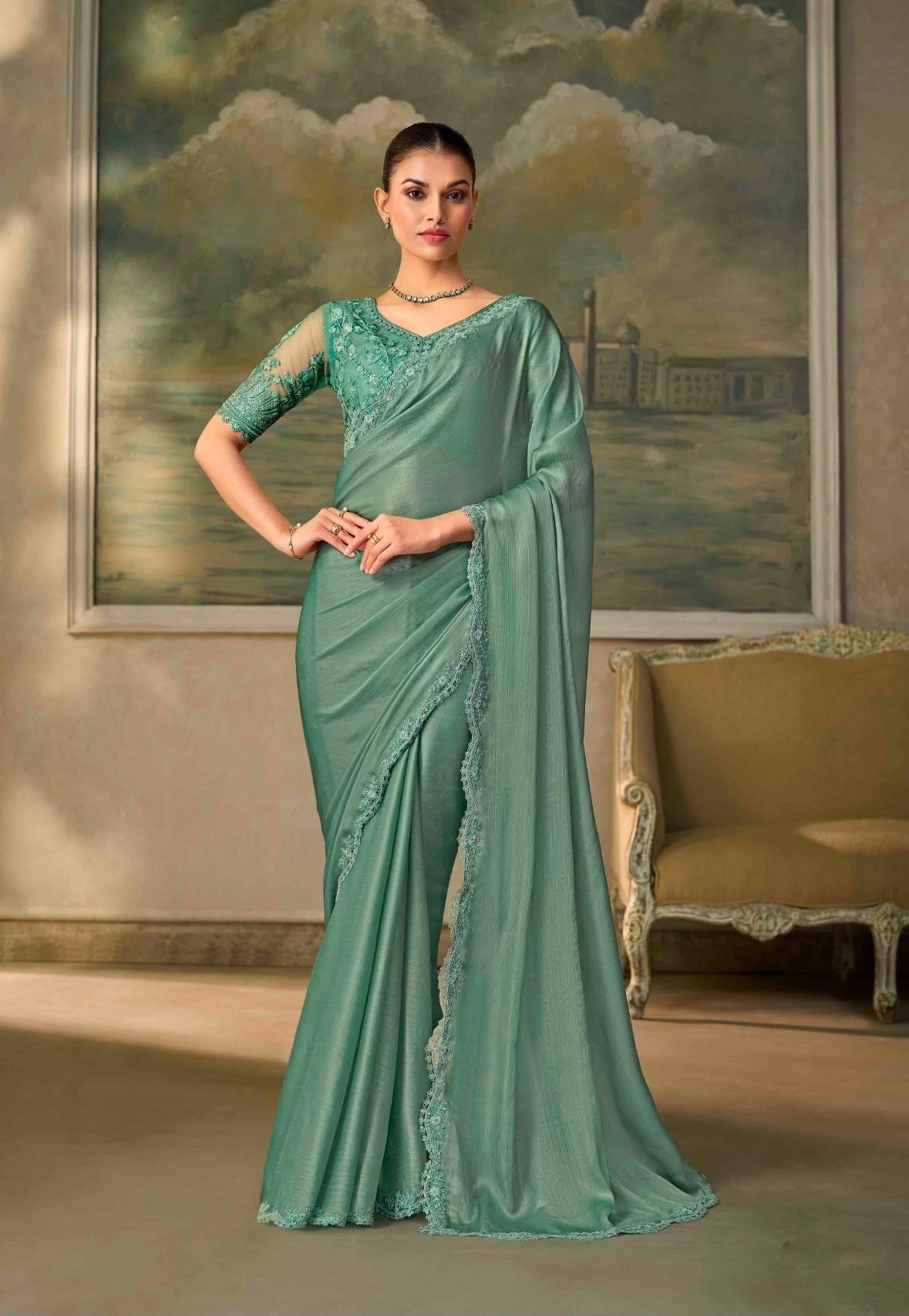 Sea Green Cocktail Ready To Wear/Easy Saree by Stylebypanaash 