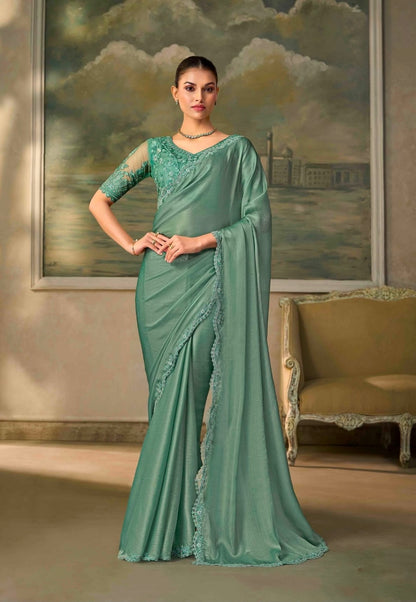 Sea Green Cocktail Ready To Wear/Easy Saree by Stylebypanaash 