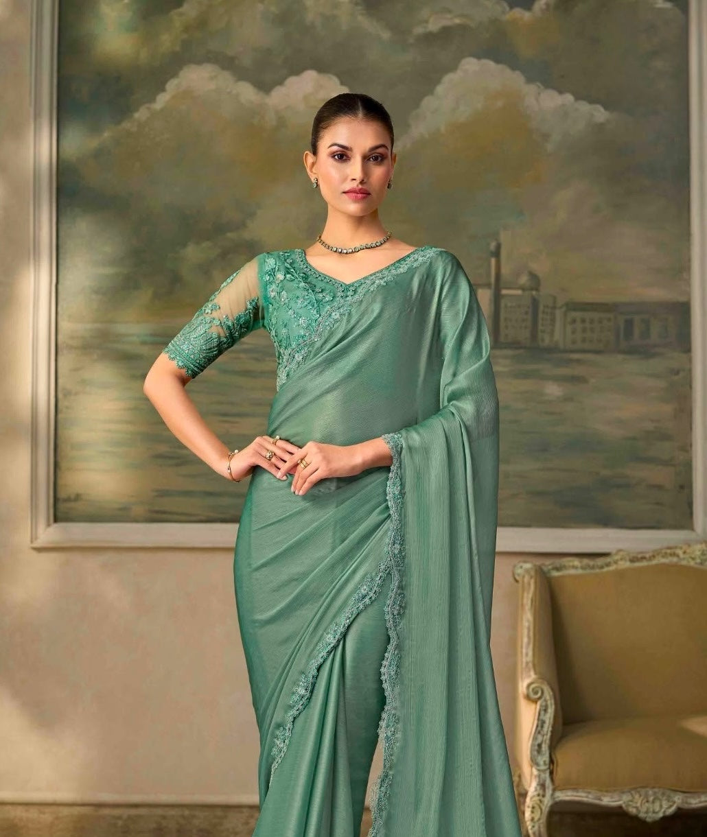 Sea Green Cocktail Ready To Wear/Easy Saree by Stylebypanaash 