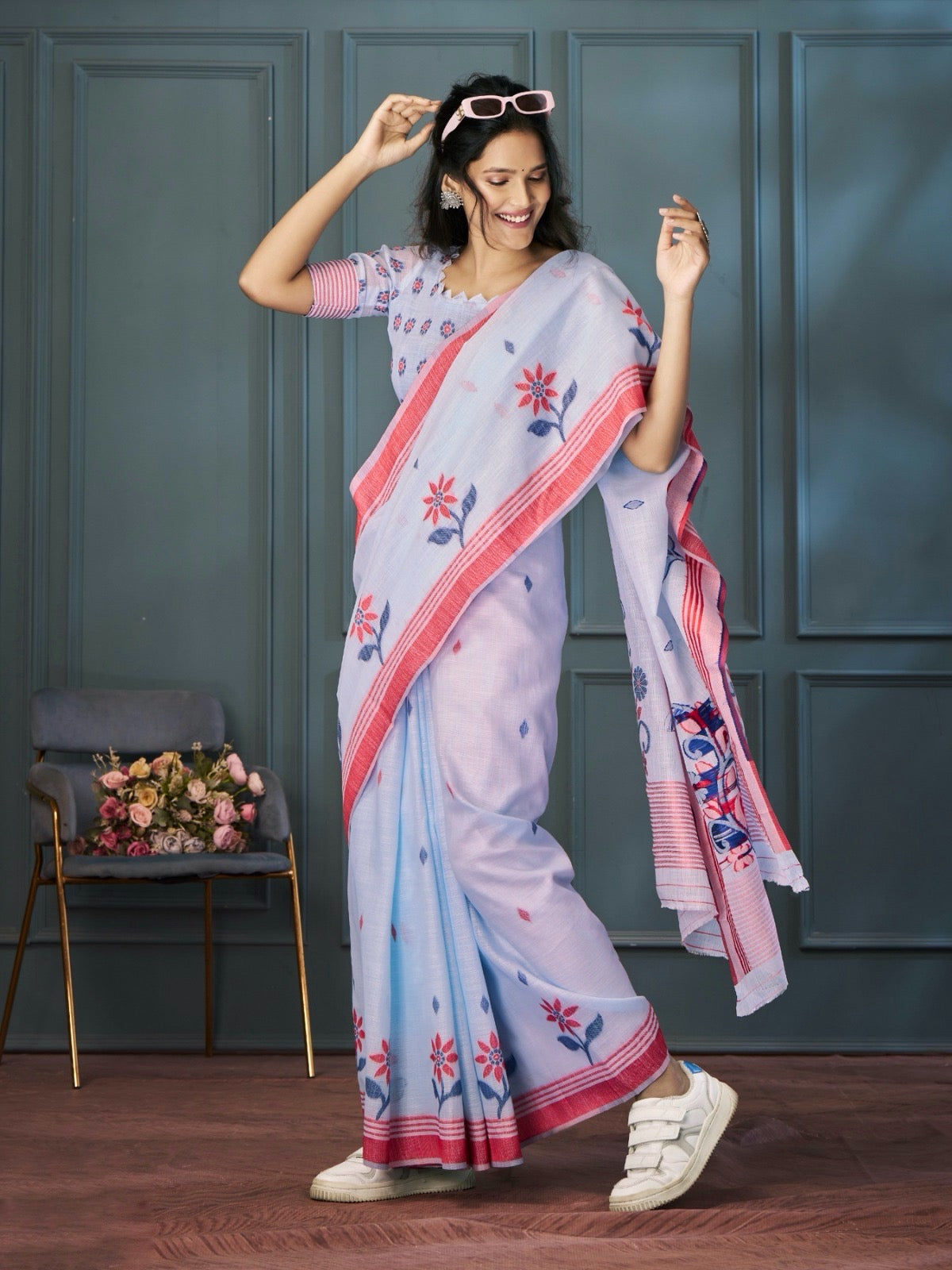 Powder Blue Color Resham Woven Cotton Office Wear Easy/Readymade Saree