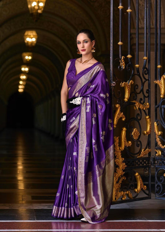Purple Satin Silk Readymade/Easy Saree