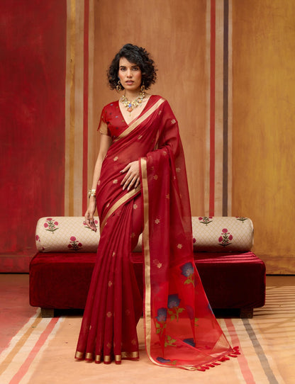 Red Cotton Readymade/Easy Saree