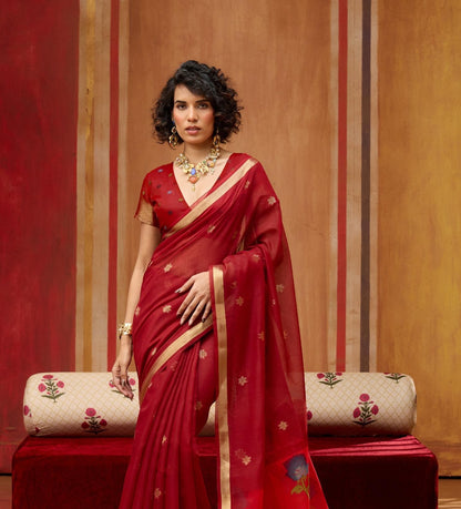 Red Cotton Readymade/Easy Saree