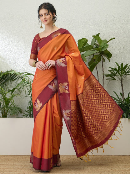 Saffron Orange Readymade/Easy Kanjivaram Saree - Panaash Saree