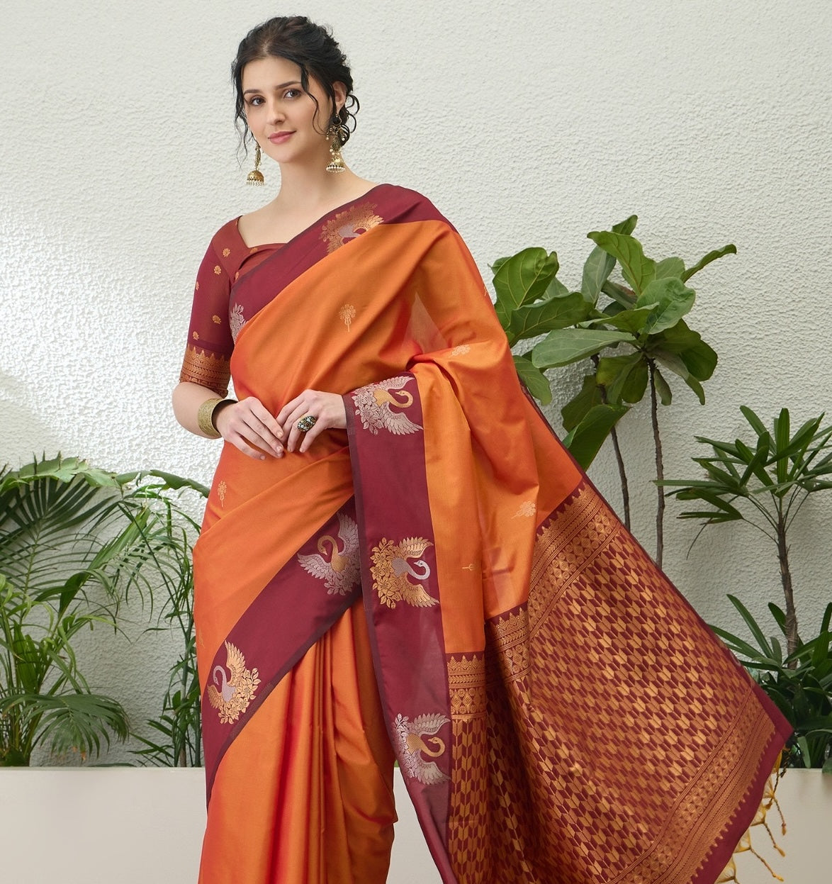 Saffron Orange Readymade/Easy Kanjivaram Saree - Panaash Saree