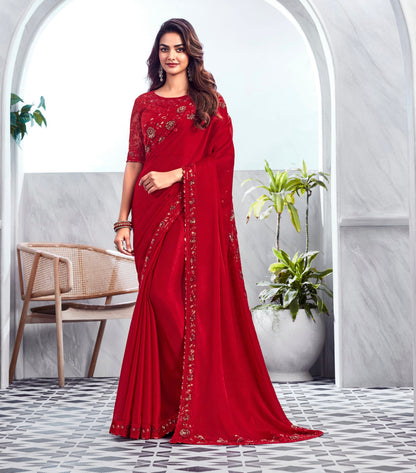 Red Cocktail Georgette Readymade Saree