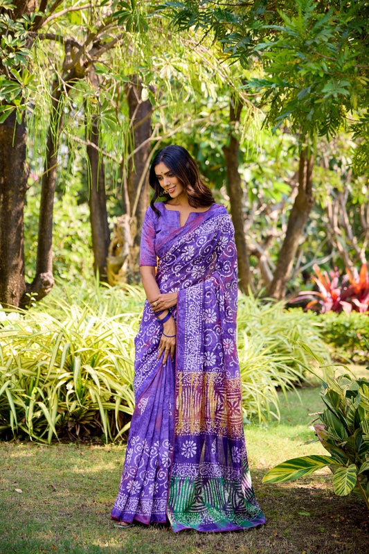 Violet Batik Print Mul Cotton Easy/Readymade Saree