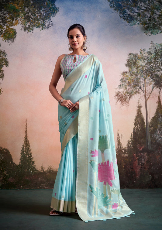 Blue Linen Normal Drape Saree - Panaash Saree