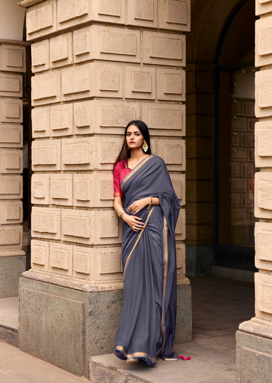 Grey Mul Cotton Ready To Wear/Easy Saree