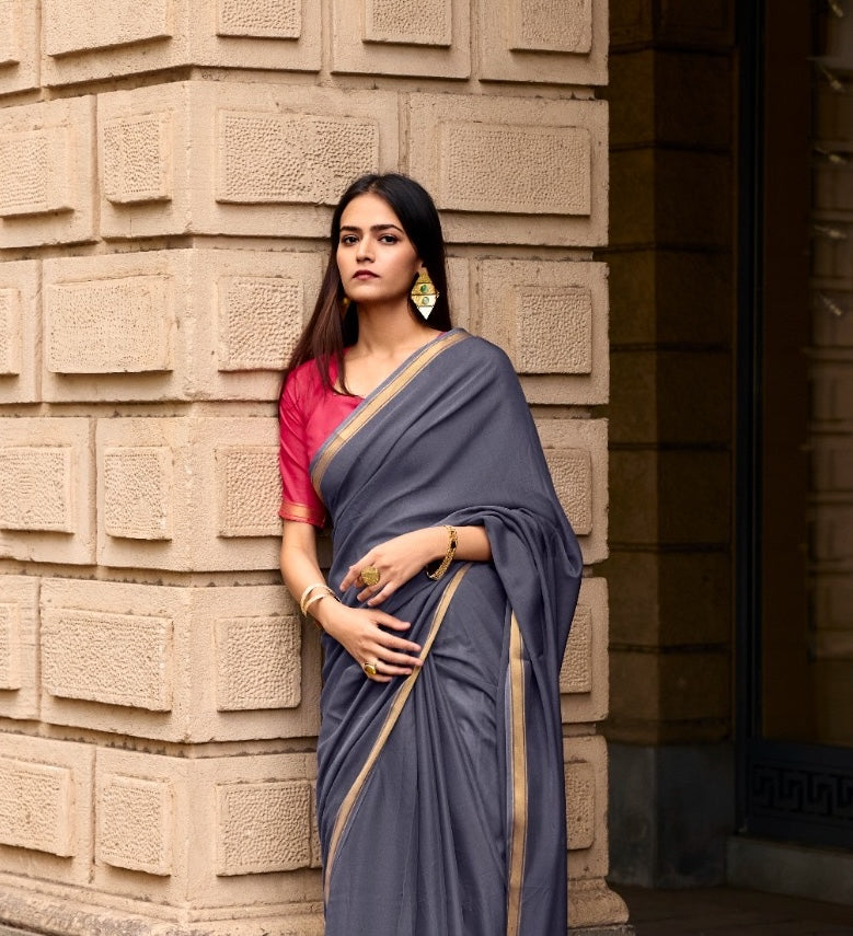 Grey Mul Cotton Ready To Wear/Easy Saree