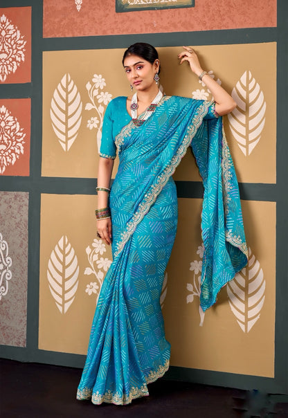Teal Blue Chiffon Ready To Wear/Easy Saree