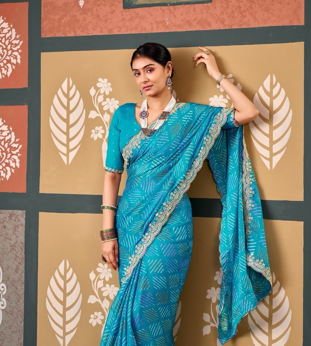 Teal Blue Chiffon Ready To Wear/Easy Saree