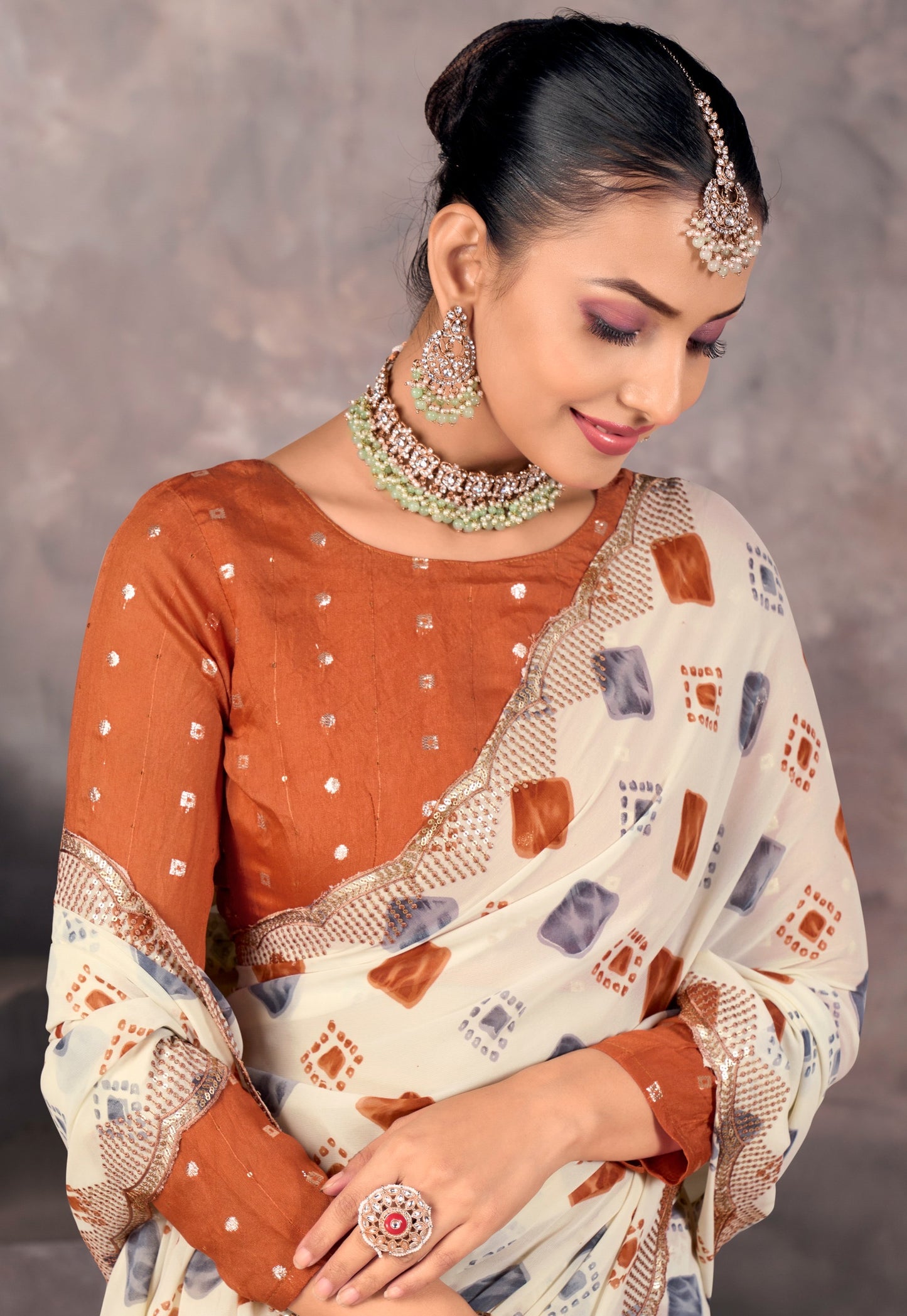 Off-White Georgette Readymade/Easy Saree