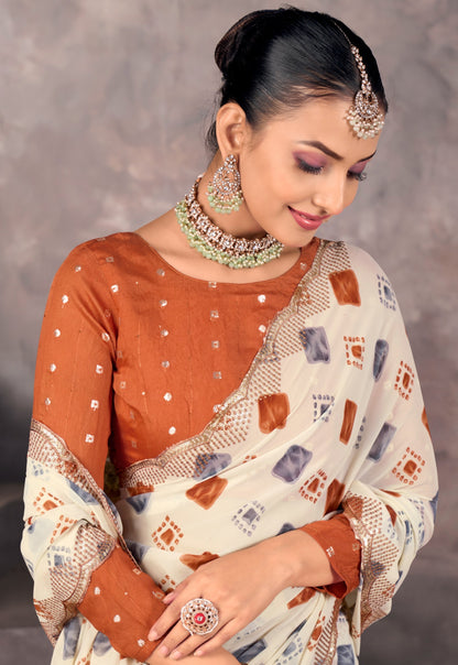 Off-White Georgette Readymade/Easy Saree
