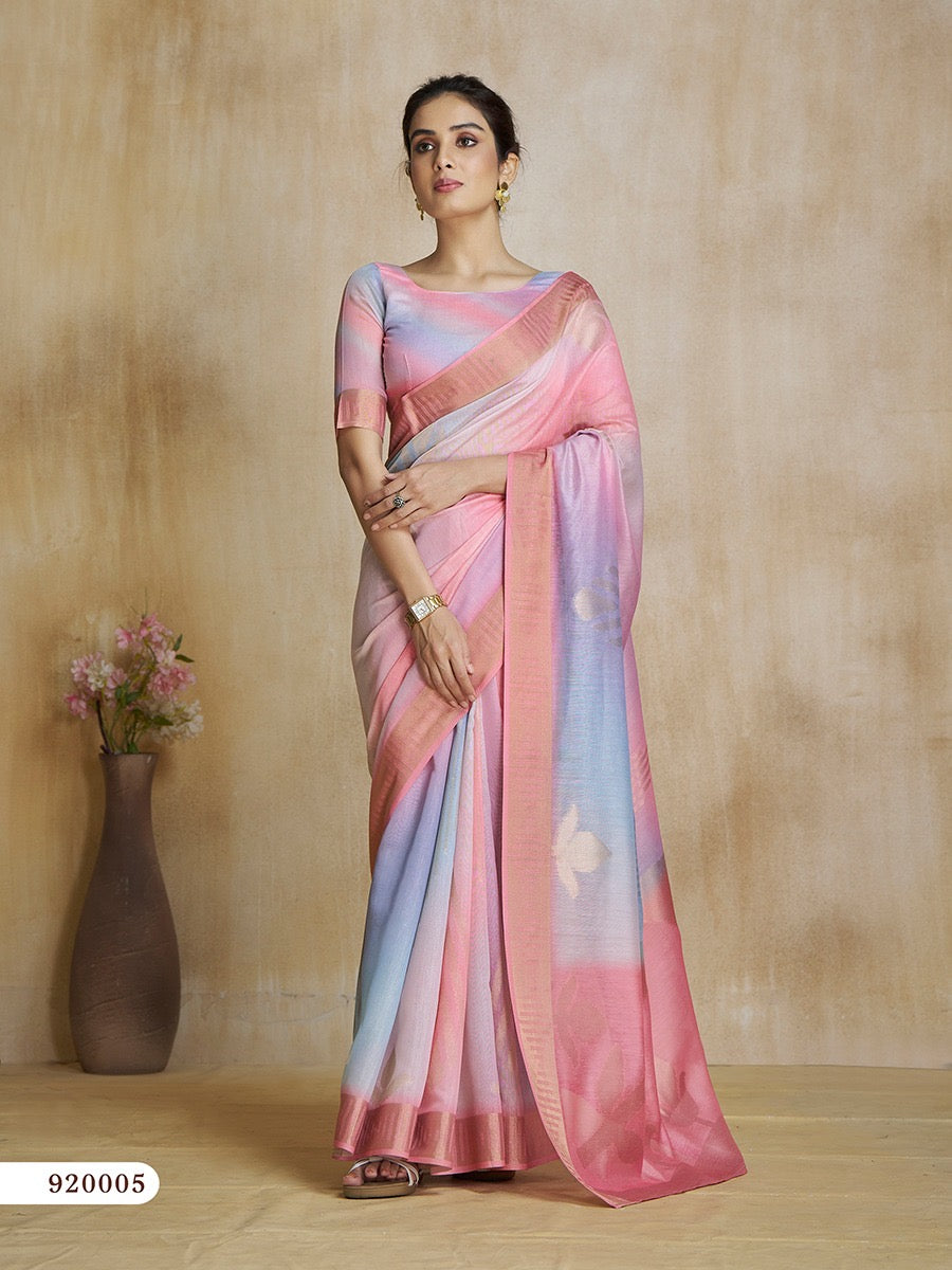 Light Pink Tone Digital Print Silk Readymade/Easy Saree