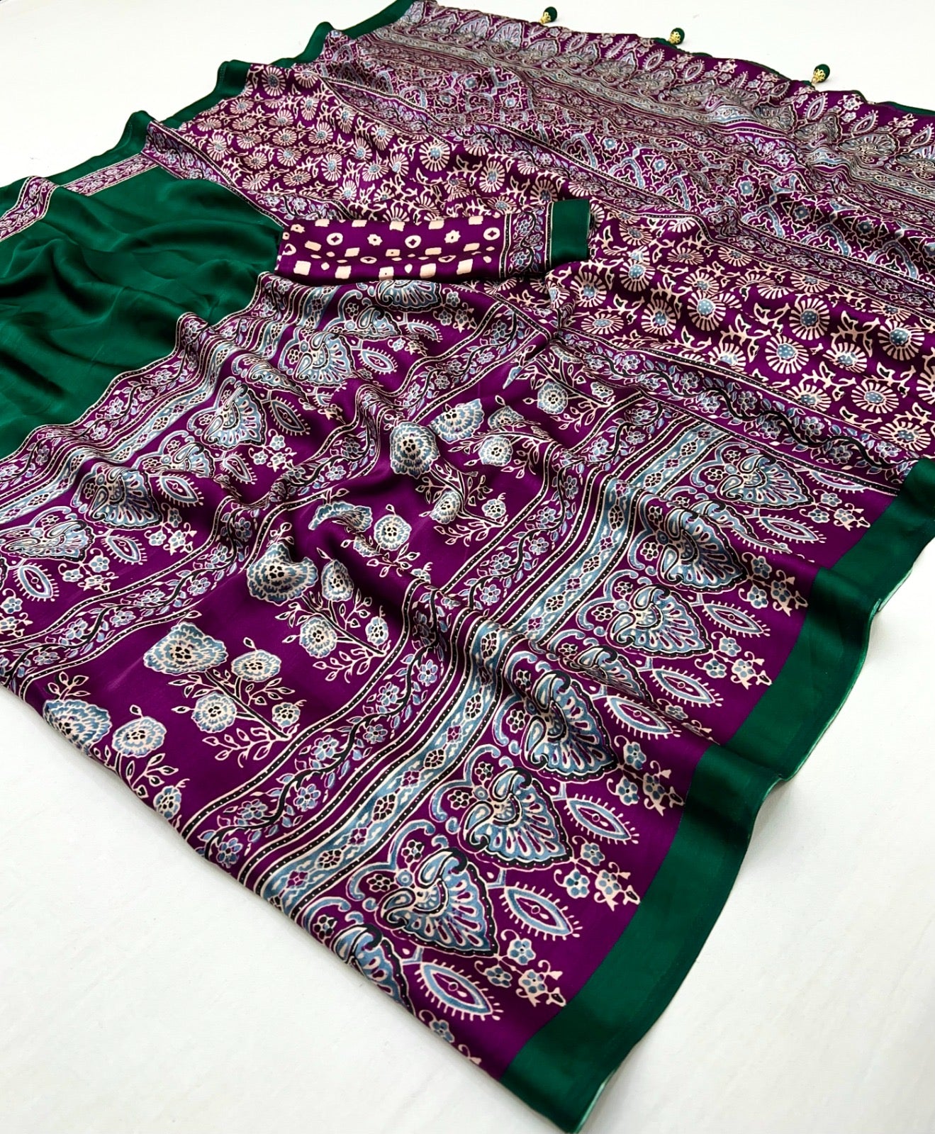 Green & Purple Crepe Silk Readymade/Easy Saree