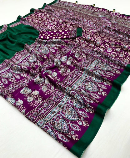 Green & Purple Crepe Silk Readymade/Easy Saree