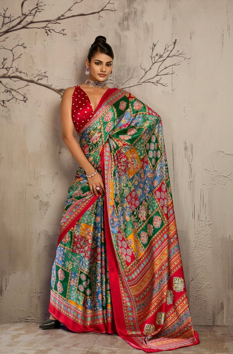 Model wearing a multicolor patterned ready-to-wear saree with a red border
