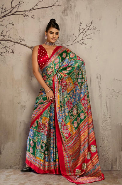 Model wearing a multicolor patterned ready-to-wear saree with a red border