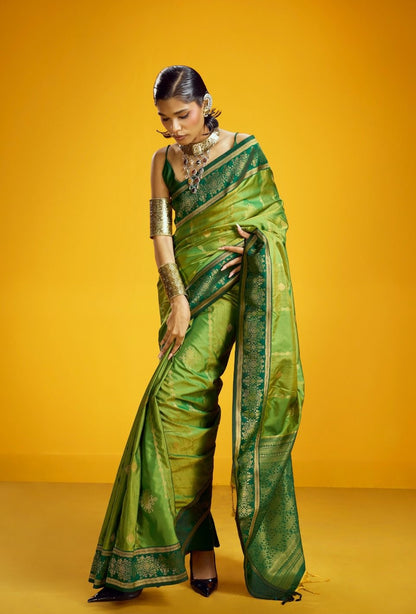 Parrot Green Kanjivaram Silk Ready To Wear/Easy Saree - Panaash Saree