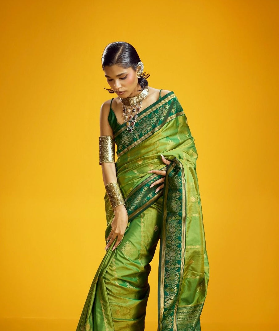 Parrot Green Kanjivaram Silk Ready To Wear/Easy Saree - Panaash Saree