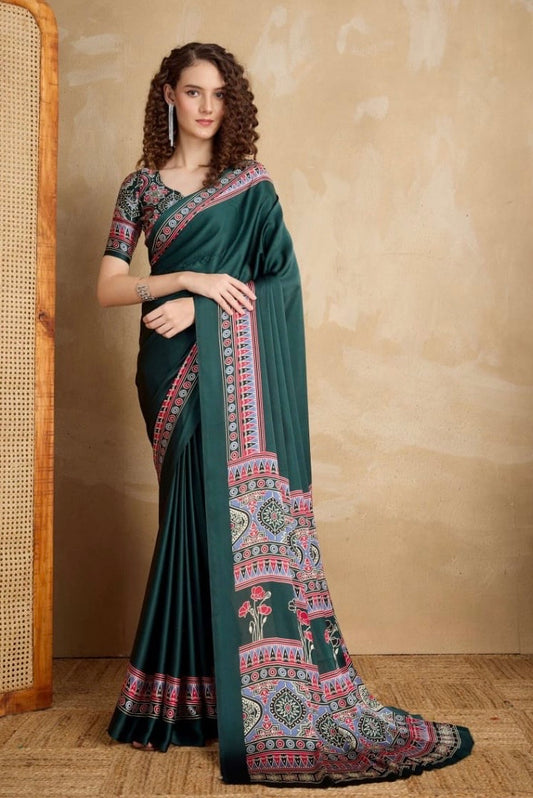Plain Green Readymade Ajrakh Saree
