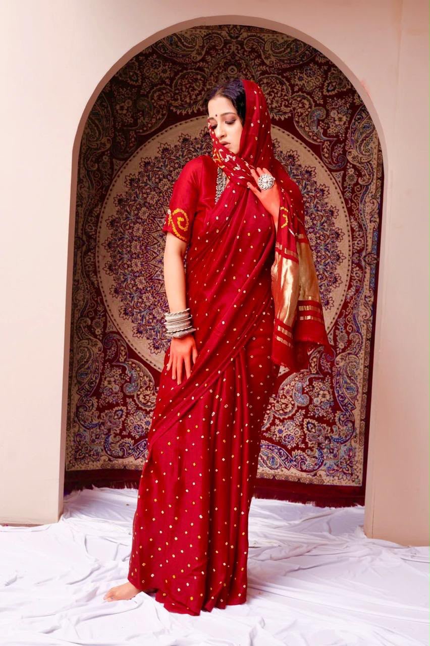 Bright Red Soft Silk Ready To Wear/Easy Saree by Stylebypanaash