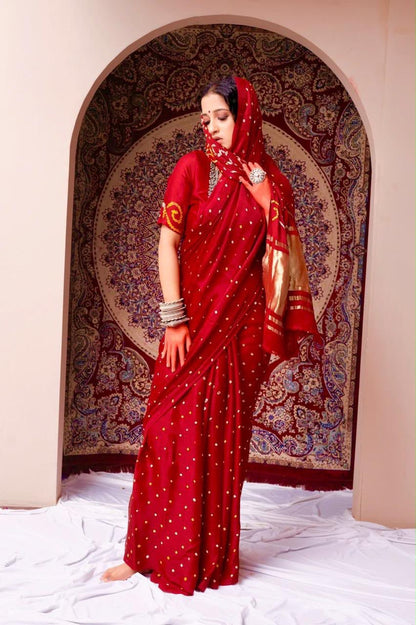 Bright Red Soft Silk Ready To Wear/Easy Saree by Stylebypanaash