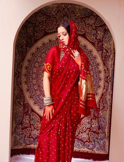 Bright Red Soft Silk Ready To Wear/Easy Saree by Stylebypanaash