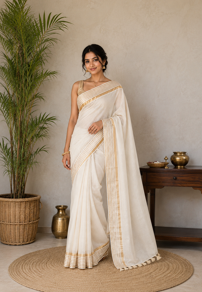 Off-White Mul Cotton Ready To Wear/Easy Saree - Panaash Saree