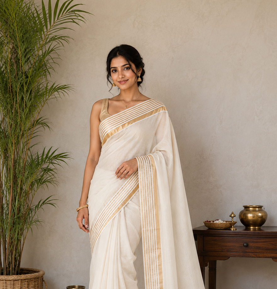 Off-White Mul Cotton Ready To Wear/Easy Saree - Panaash Saree