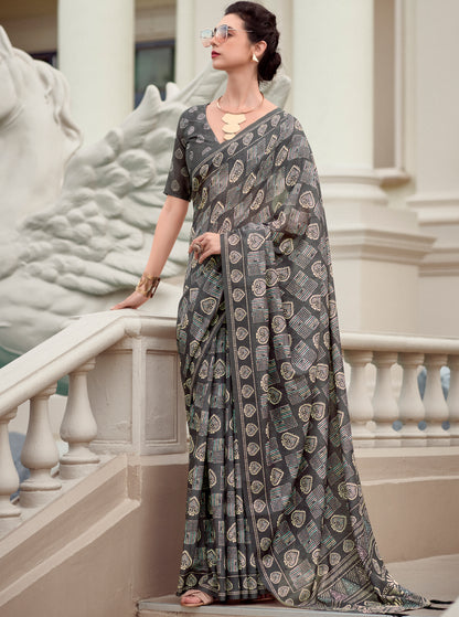 Grey Mul Mul Silk Easy/Readymade Saree